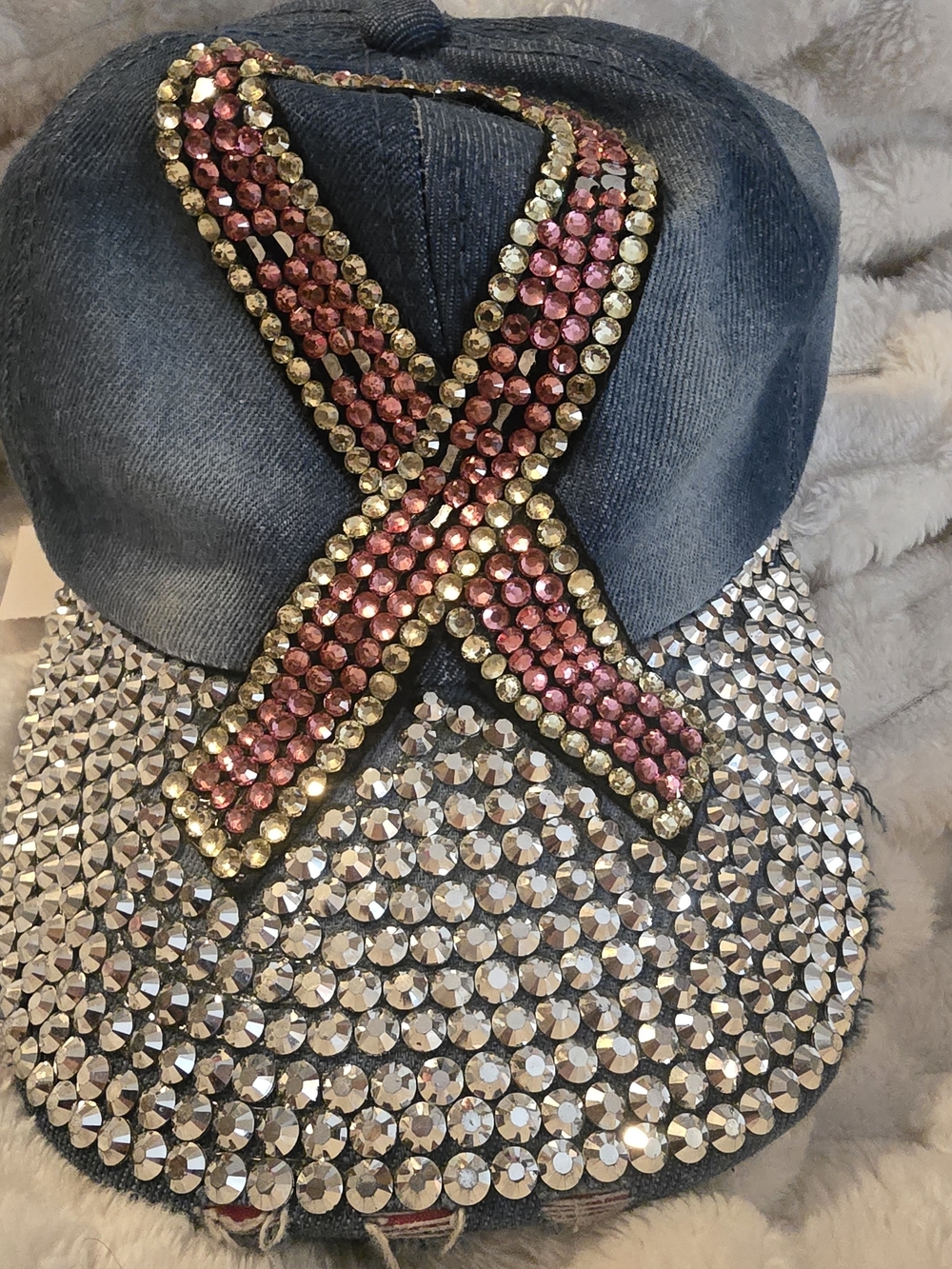 Denim Crystal Embellished Cap with Pink & Silver Ribbon